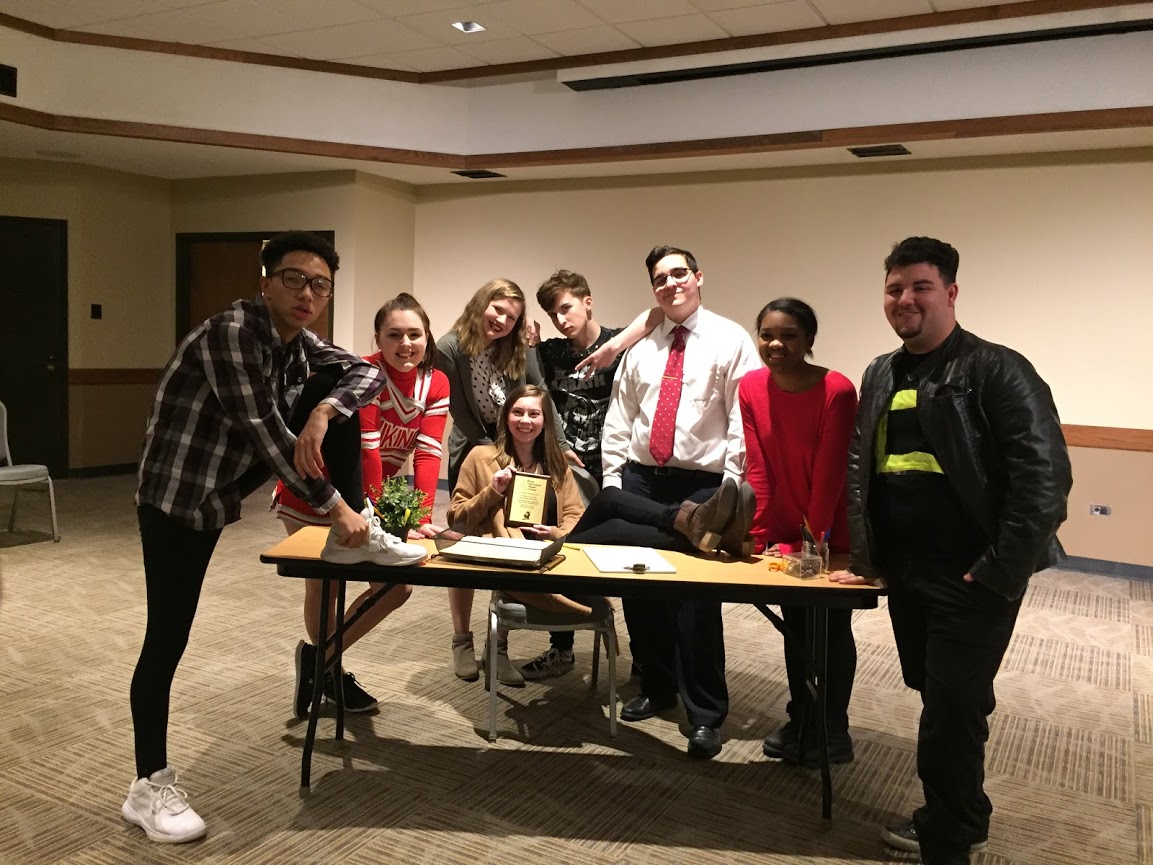 Student director Margaret Sullivan was given a plaque for her show 14 Ways to Screw up a College Interview at Illinois High School Theatre Festival. Margaret Sullivan is also the first student in HF who has taken a show to theatre fest.