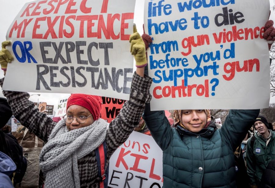 Right to protest: Seniors Gabi Bello and Noor Ryan at the Chicago March For Our Lives rally
 on March 24. The main event in Washington D.C. was the largest single-day protest in the history of the nation’s capital.