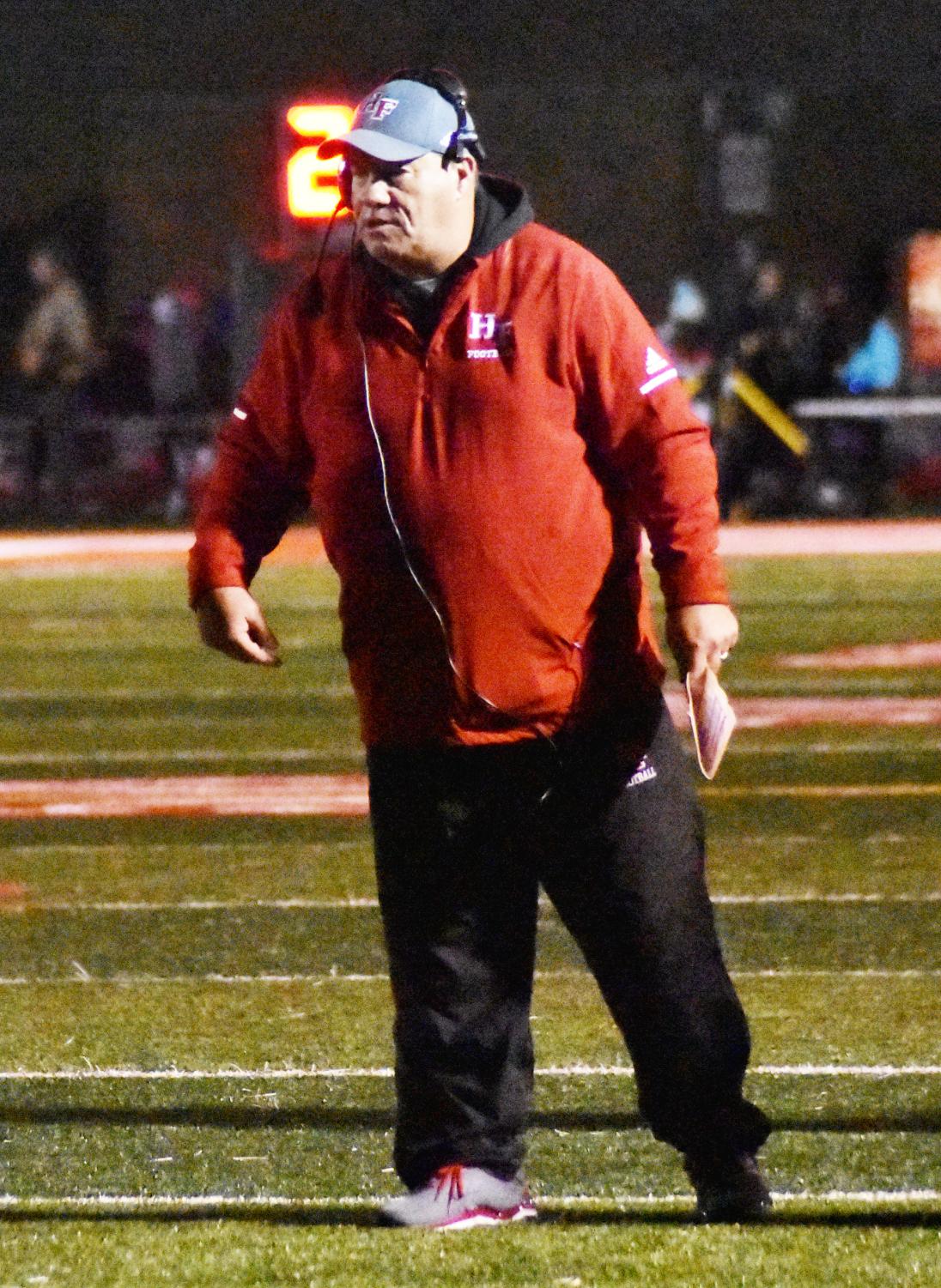 Buzzing around Coach Buzea talking to one of his players during their win last week against Sandburg. This was his 82nd win during his time at H-F.