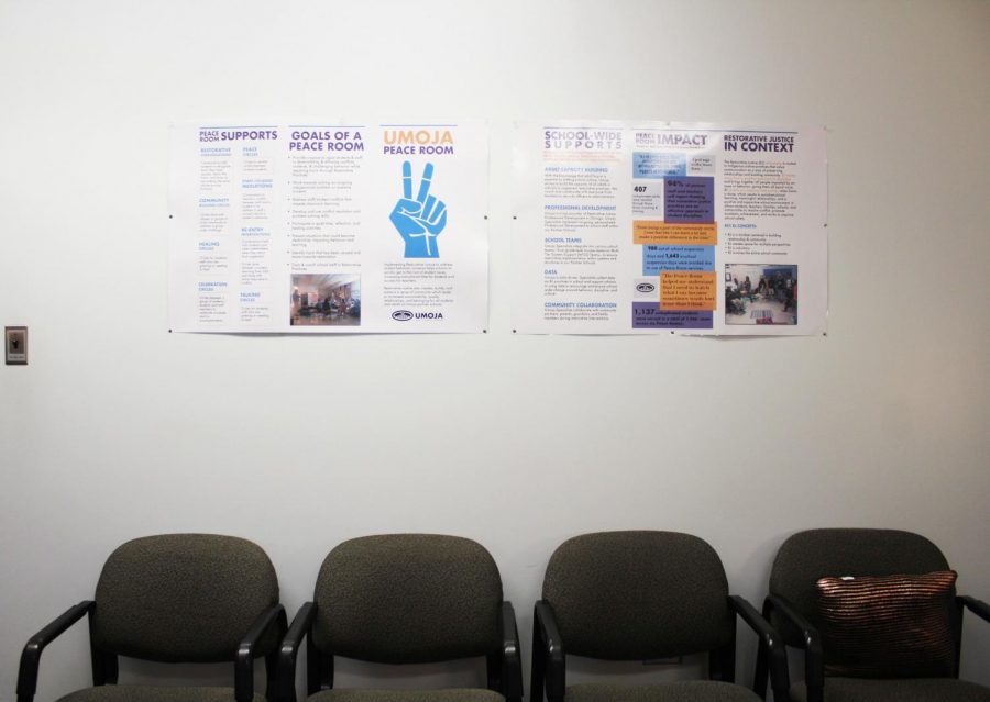 All are welcome: Part of the peace room which is located in the deans office in North building. The administration hopes to expand restorative justice practices starting next school year. 