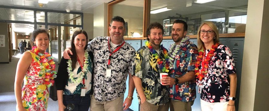 Spirit Weeks of the Past.   The H-F English Department was ready for warm weather last school year as they showed their school spirit on Hawaiian Shirt Day (2019). 