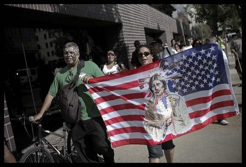 People protesting Columbus Day in 2011 during an Occupy Sacramento march. 