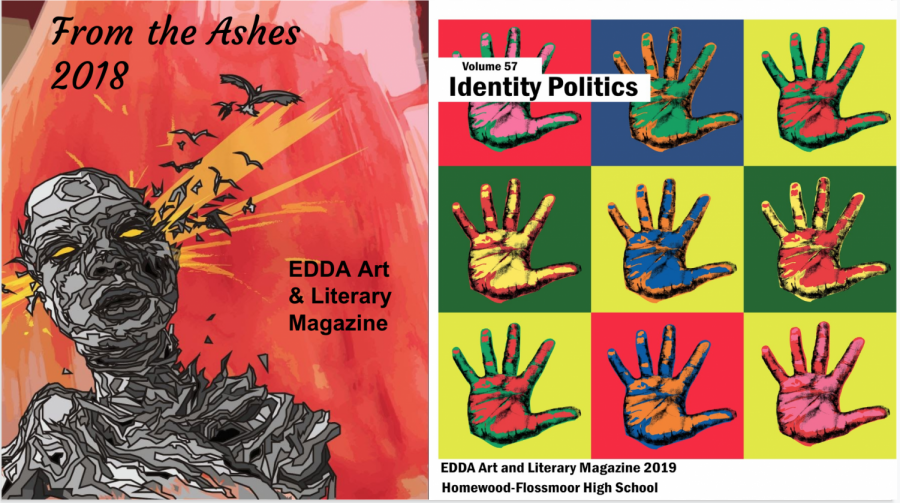 Front overs of EDDAs Literary Magazine (2018, 2019). Artists showcase writing and artwork in this yearly magazine that celebrates creativity. 