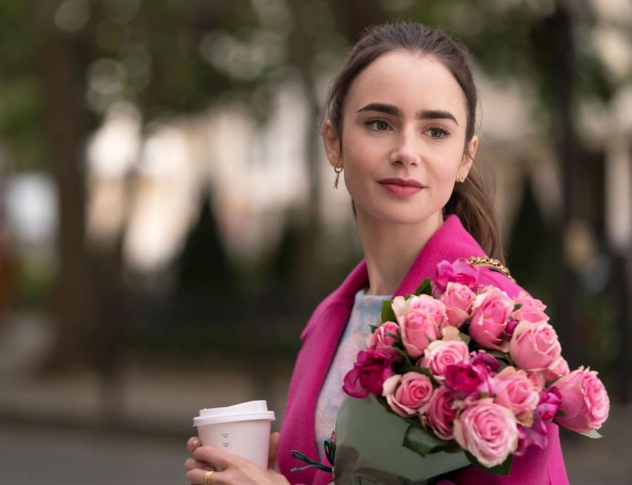 Lily Collins as Emily Cooper in Emily in Paris. This series features fashion and the beauty of Paris, France.