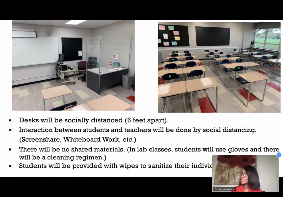 The picture above demonstrates what a classroom will look like during hybrid learning. 