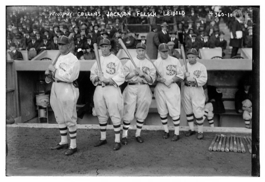 Two of the eight members of Chicago White Sox - Joe Jackson (middle) and Happy Felsch (second to the far right) - who were banned for throwing the 1919 World Series.