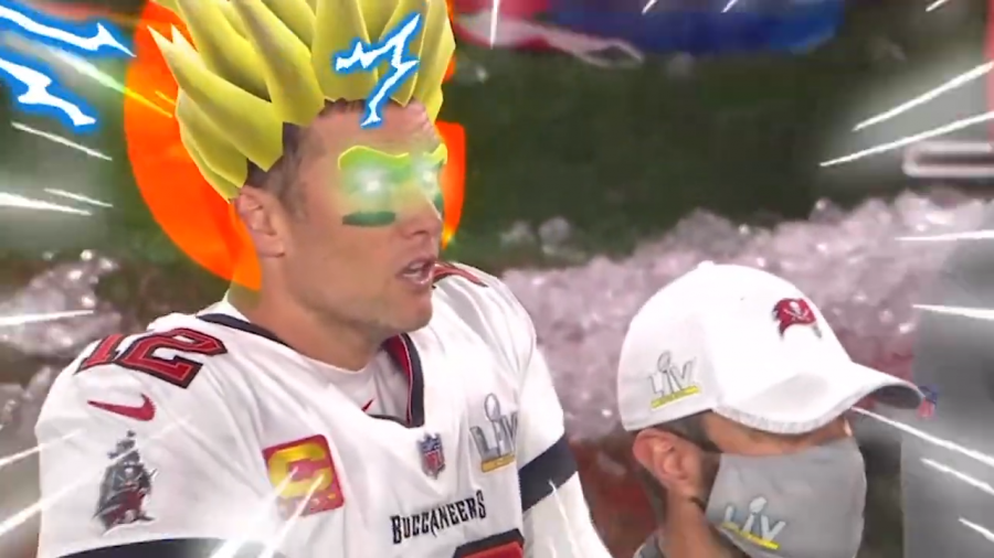 In Nickelodeons coverage of the Super Bowl, special effects were implemented to make the game appeal to younger audiences. Tom Brady appears to be a Super Saiyan on the sidelines during the Buccaneers 31-9 win in Super Bowl 55.