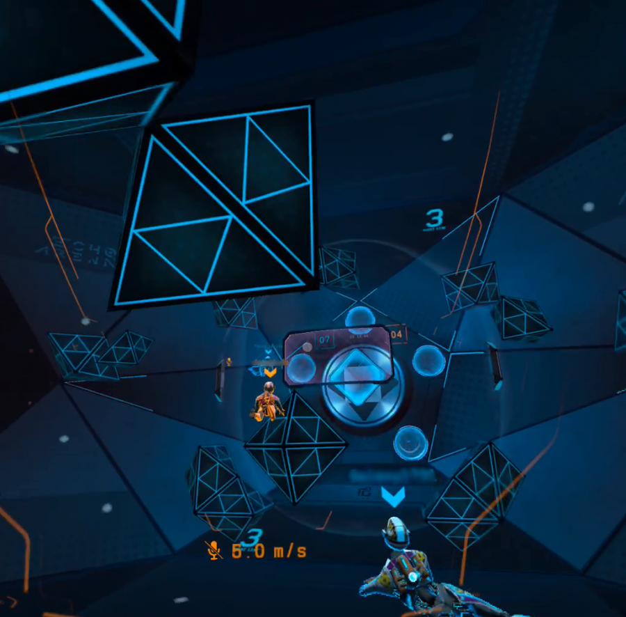 Screenshot of Echo Arena.  In this photo, players are rushing towards the disk. The blue players are trying to send it away and the orange players are trying to get it into the goal.