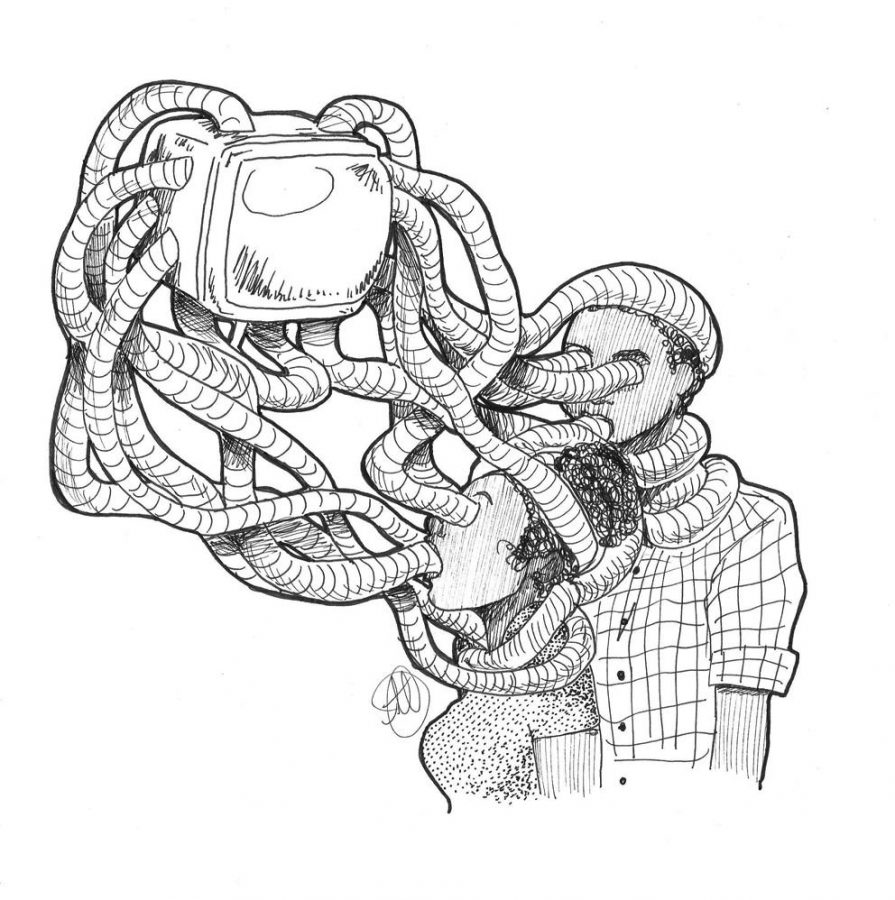 In this illustration by Juana Martinez, two African-Americans are shown attached to tubes that lead to a Tv. The illustration shows  two African-Americans having their insides sucked into the Tv. Showing how corporations and the media take advantage of black culture and history  for their own greedy purposes.