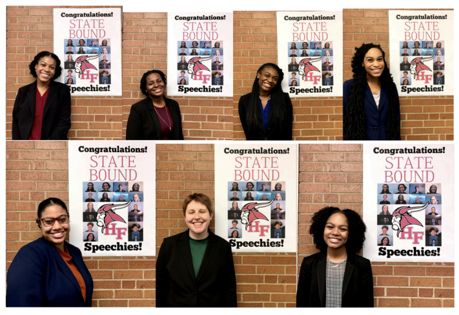Seven of the state bound speech team members. The team competed at the state competition on Feb. 19 and 20. 