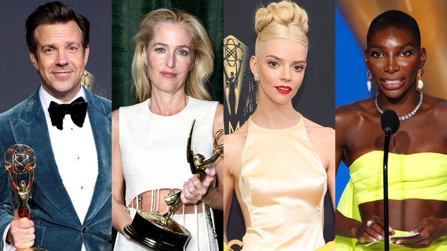 Michaela Coel, Anya Taylor-Joy, Jason Sudeikis and Kate Winslet pictured with their Emmy wins.