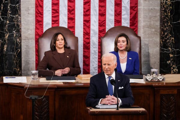 (from left to right) Vice President Kamala Harris, President Joe Biden and Congresswoman Nancy Pelosi at the State of the Union address