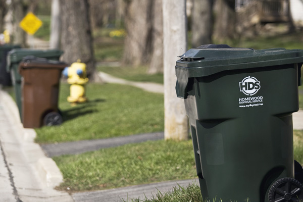 Landfill and recycling bins lined up at the curb