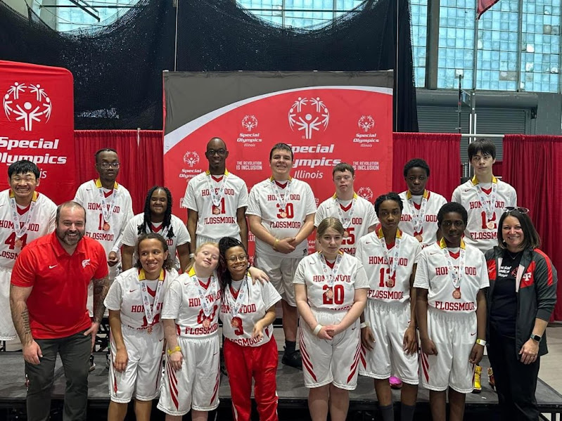 H-Fs Special Olympics basketball team after taking 3rd at State.
(left to right, back to front) Marco Agting, Eliakim Taylor, Jasmin Harris, Jordan Jones, Faustin Kelly, Quinn McNellis, Beverly Nwachukwu, Conner Peterson, Coach Brian Garland, Alyson Harris, Gianna Bucci, Anaya McCoy, Kaylee Speerbrecker, Nehemiah Richardson, Jeremiah Richardson, Coach Jen Olumsted