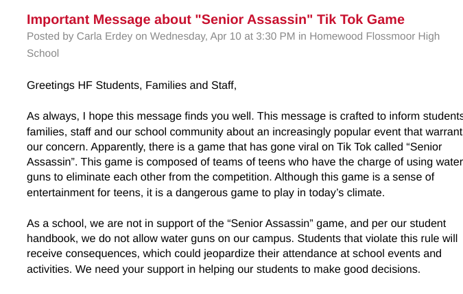 Email from H-F regarding Senior Assassin and the consequences for playing it.