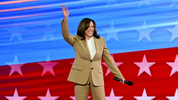 Kamala Harris greeting the enthusiastic DNC crowd.