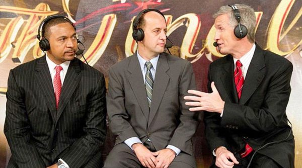 The dynamic trio. Mike Breen, Stan Van Gundy and Mark Jackson (right to left) discuss the NBA Playoffs.