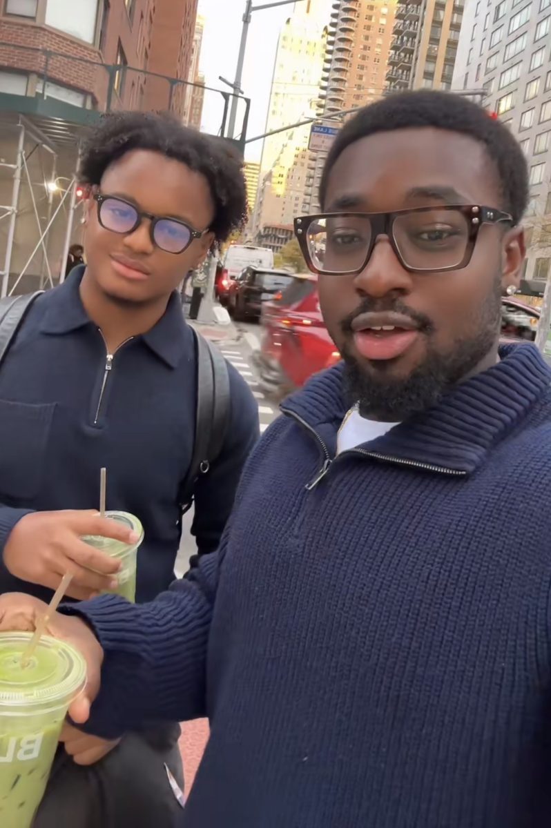 'It's straight quarter-zips and matchas around here.' Jason Gyamfi and Richard Minor flaunt their new fashion and favorite drink.