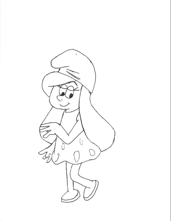 Smurfette! She stands pretty as she glances to the side.